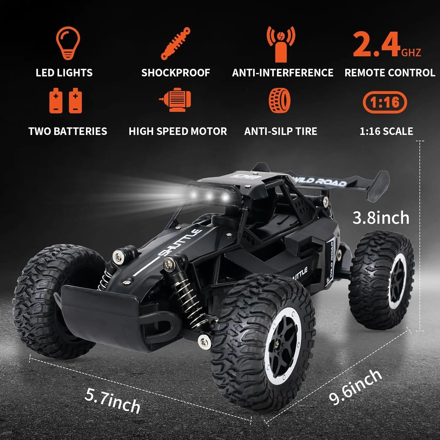 1:16 2.4G Model 2WD High-Speed Off-Road RC Car with LED Light Remote Control Climbing Vehicle Outdoor Trucks Car Gifts Kids Toys