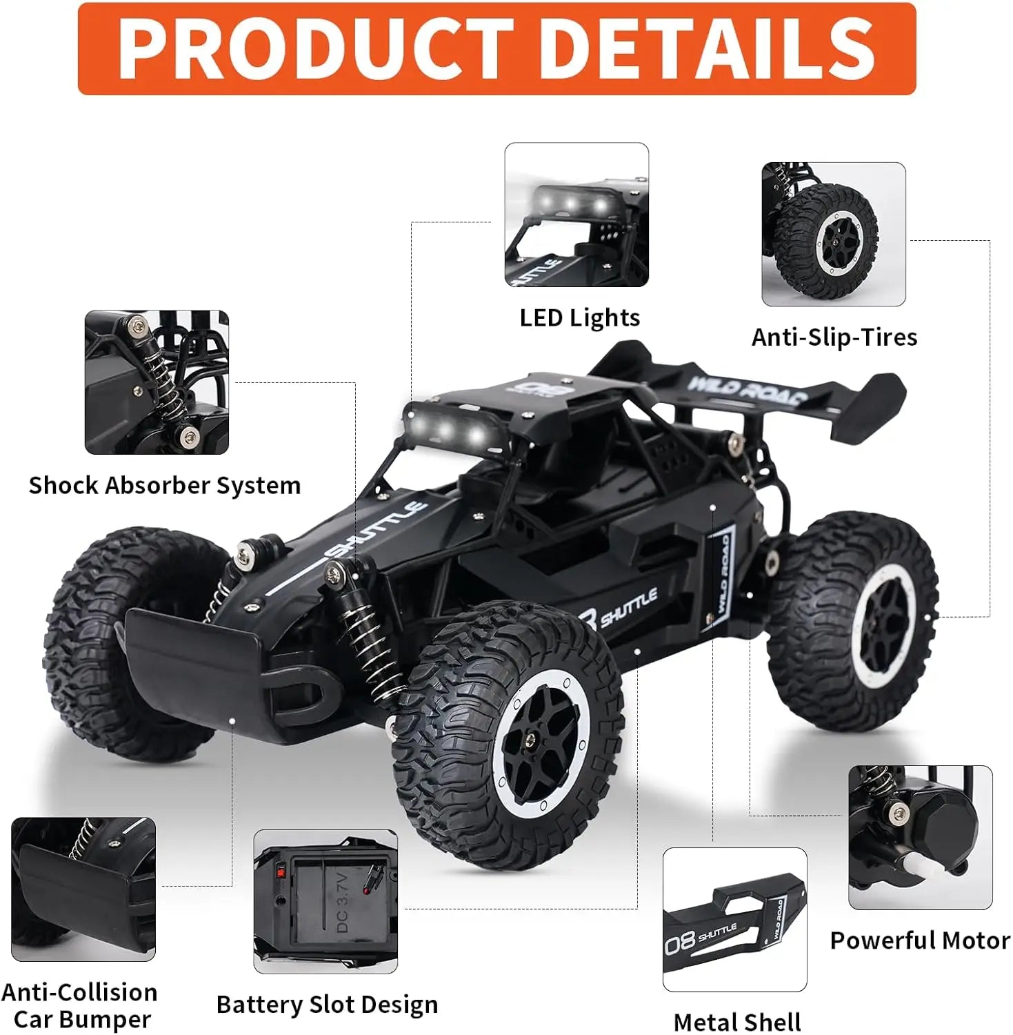 1:16 2.4G Model 2WD High-Speed Off-Road RC Car with LED Light Remote Control Climbing Vehicle Outdoor Trucks Car Gifts Kids Toys